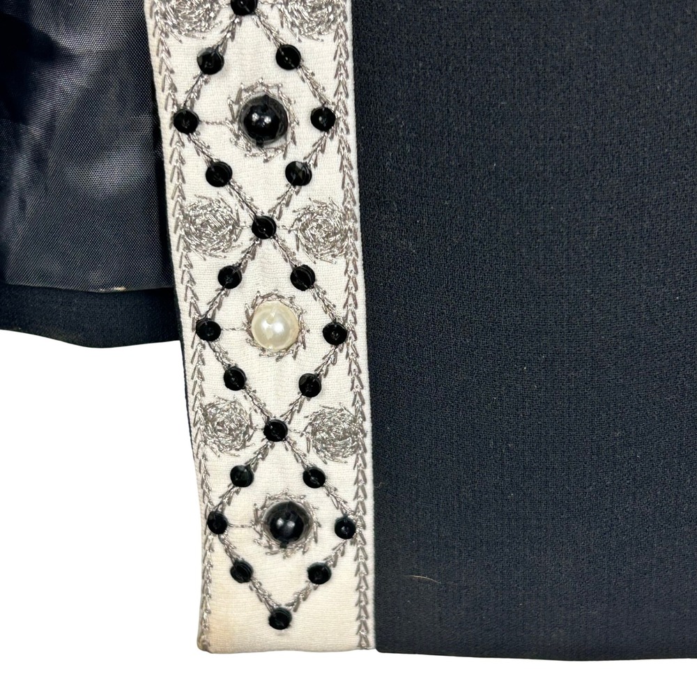 Tahari Blazer Women 14 Black Beaded Pearl Trim Collarless Open Front Jacket - Picture 9 of 10